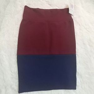 NWT LuLaRoe Colorblock Burgundy & Blue Cassie Pencil Skirt M 10-12